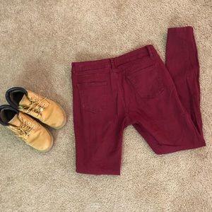 5/25💥Red high-waisted distressed jeans dark red